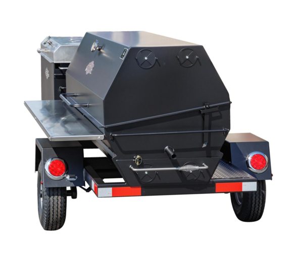 CD120 Caterer's Delight Trailer With Alternate Layout and These Options: Stainless Steel Lid on Chicken Cooker, 2nd Tier Grate, Rib Rack, Stainless Steel Front Shelf, and Charcoal Pullout