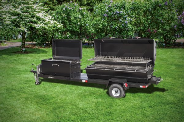 CD120 Caterer's Delight Trailer With Alternate Layout and These Options: Charcoal Pullouts, Spare Tire Mounted, Rib Rack, 2nd Tier Grate, Doors in Lid, and Charcoal Grill Pan