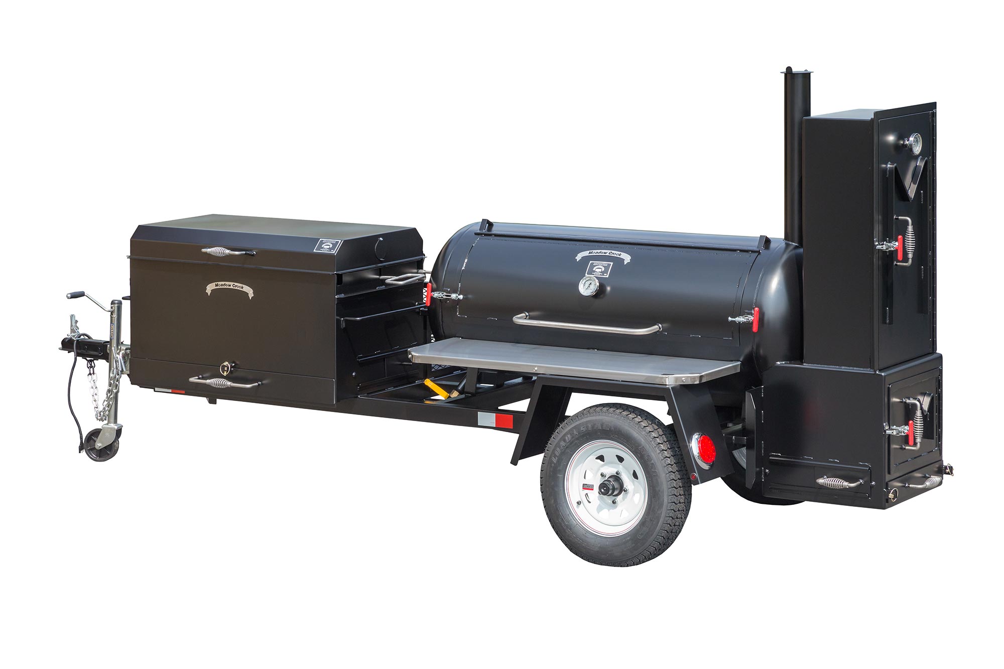 TS120 Tank Smoker Trailer With Optional Stainless Steel Exterior Shelves and BBQ42 Chicken Cooker With Charcoal Pullout
