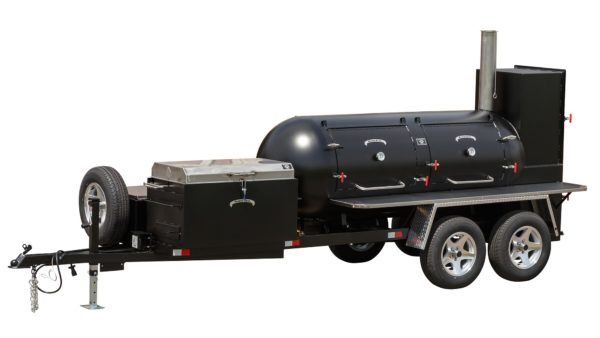 Meadow Creek TS500 Tank Smoker Trailer with Optional Stainless Steel Exterior Shelf, Trim Package, Spare Tire Mounted, and BBQ42 Chicken Cooker with Stainless Steel Lid.