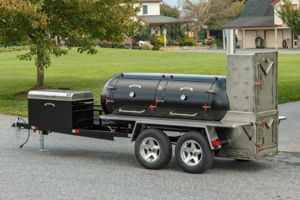 TS500 Tank Smoker Trailer With Optional Stainless Steel Firebox and Warming Box, Stainless Steel Exterior Shelves, Trim Package, and BBQ42 With Stainless Steel Lid