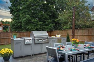 Textured Grey Glimmer Cabinets, Stainless Steel Top