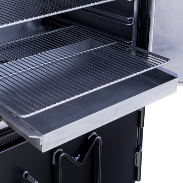Slide out Stainless Steel Cooking Grates and Grease Pan on BX50 Box Smoker With Optional Stainless Steel Interior