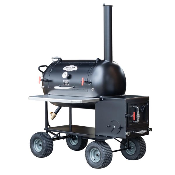Meadow Creek TS70P Tank Smoker With Optional Wagon Chassis, Stainless Steel Exterior Shelf, and Probe Ports