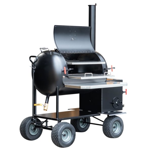 Meadow Creek TS70P Tank Smoker With Optional Wagon Chassis, Stainless Steel Exterior Shelf, and Probe Ports