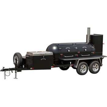 Meadow Creek TS500 Tank Smoker Trailer with Optional Stainless Steel Exterior Shelf, Trim Package, Spare Tire Mounted, and BBQ42 Chicken Cooker with Stainless Steel Lid.